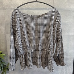 GU チェックブラウス 七分袖 M グレー 薄手 ウエストゴム 綿100%の画像