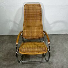 希少『イタリア製』イタリアンロッキングチェア ロッキングチェア アームチェア 藤 ラタン クローム 1970年代 ヴィンテージ ビンテージ アンティーク RWroc5の画像
