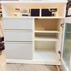 キッチンカウンター レンジボード 食器棚 鏡面仕上げ 白 ホワイト 横幅80cm奥行42cm高さ85cm 引出し3杯 棚板可動式 ★買取帝国 志木店の画像