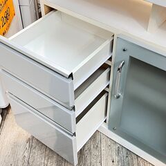キッチンカウンター レンジボード 食器棚 鏡面仕上げ 白 ホワイト 横幅80cm奥行42cm高さ85cm 引出し3杯 棚板可動式 ★買取帝国 志木店の画像