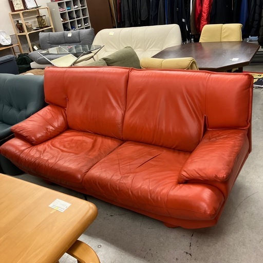 サ2511-270 Leather world 3人掛けソファ レッド レザー キズ汚れ有り　