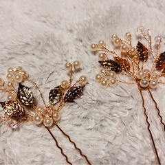 3本髪留め、パール、葉っぱの画像