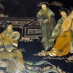 【国分寺】中国　木彫り　ローテーブル椅子4脚付き　アンティークの画像