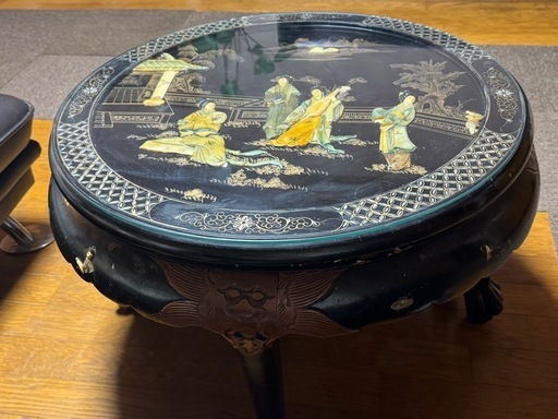 【国分寺】中国　木彫り　ローテーブル椅子4脚付き　アンティーク