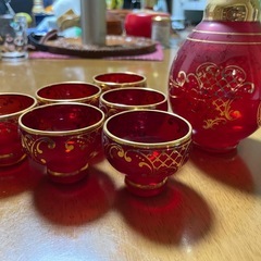 赤色ガラスデカンタとショットグラスセット　ベネチアングラス　デキャンタ　グラス6客セットの画像