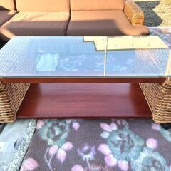 ラタンローテーブル&ローソファセット◆ ウッド×ラタン アジアン家具の画像