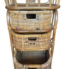 ★ラタン 3段バスケットラック 収納家具 レトロ家具 バスケットラック アンティーク ラック チェスト★の画像