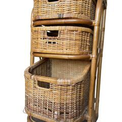 ★ラタン 3段バスケットラック 収納家具 レトロ家具 バスケットラック アンティーク ラック チェスト★の画像