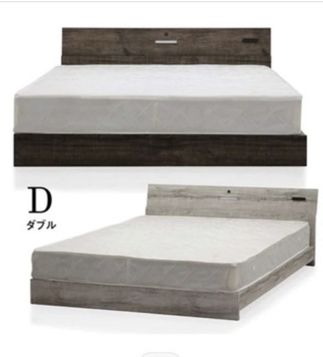 ダブルサイズのベッドフレーム、マットレス セット とコンセント付きで便利。