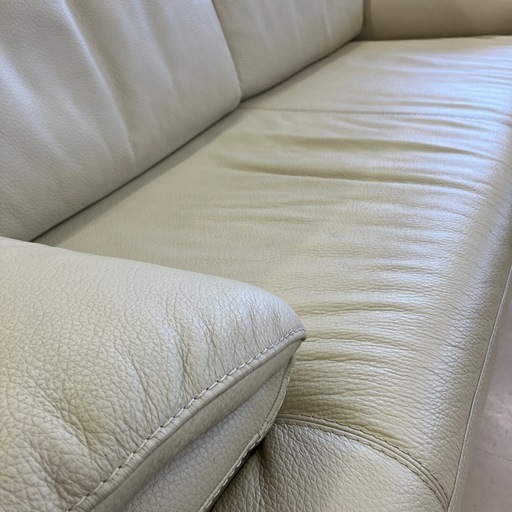 中古品　総本革ワイド2人掛けソファー　アイボリー　幅180cm 公田店