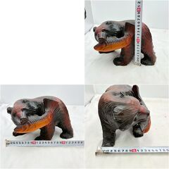 【❗️✨厳かな作り✨❗️】木彫りの熊　鮭を咥えた木彫り熊 置物 彫刻 オブジェ 現状品の画像