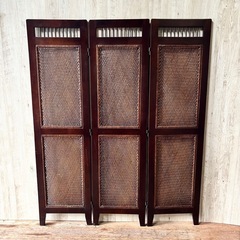 3連スクリーン パーテーション アジアン エスニック 和風 木製 ラタンの画像