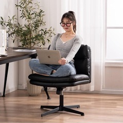 SKYE デスクチェア アームレス オフィスチェア ホイールなし パソコンチェア クロスレッグ 椅子 ワイド ホーム オフィス デスクチェア 高さ調節可能 回転 PUレザー (Black)の画像