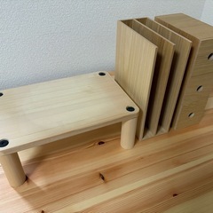 【小物収納つき付き】無印良品　パイン材　引き出し付きデスク　小物収納・モニター台・椅子せっとセットの画像