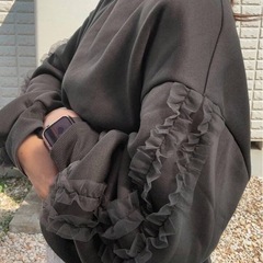 FRIFUL レディース ルーズフィット クルーネック ランタンスリーブ スウェットシャツ、マルチレイヤーメッシュデコレーションの画像