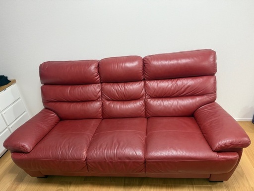 本革　赤　ソファー 3人掛け