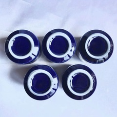 【お話中】九谷焼　湯飲み　御所車柄　紺色　金色装飾　5客セット　来客用　茶器　昭和レトロの画像