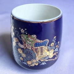 【お話中】九谷焼　湯飲み　御所車柄　紺色　金色装飾　5客セット　来客用　茶器　昭和レトロの画像