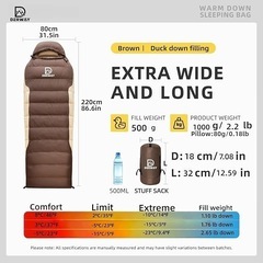 寝袋 ダウン コンパクト枕付き (220*80cm) 封筒型超軽量小型パッケージ寝袋 680FP、より軽くて暖かい、防災、キャンプ、アウトドア、登山、車用、春、夏、秋、冬の4シーズンに適していますの画像