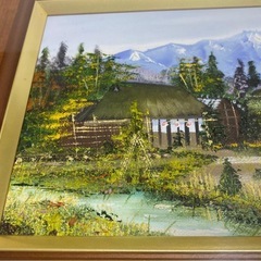 神谷良雄 油絵 油彩画 民家のある風景 木製フレーム付き 額入り インテリアの画像