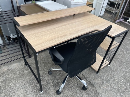 【リサイクルサービス八光】幅120㎝　ナチュラル木目調＆ブラック　L字パソコンデスクセット