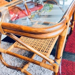 ラタン コーヒーテーブル ガラス天板 籐 ビンテージ 昭和レトロ テーブル サイドテーブル センターテーブルの画像