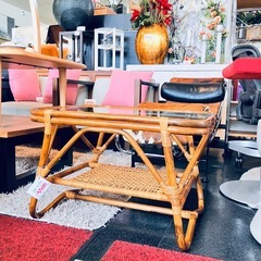 ラタン コーヒーテーブル ガラス天板 籐 ビンテージ 昭和レトロ テーブル サイドテーブル センターテーブルの画像