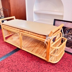 マガジンラック付きラタンベンチ　ベンチ　昭和レトロ　ヴィンテージ  美品　 の画像