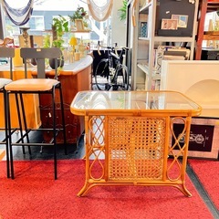 ラタン　　ダイニングテーブル　テーブル　籐　昭和レトロ　ヴィンテージ　美品　ガラス天板の画像