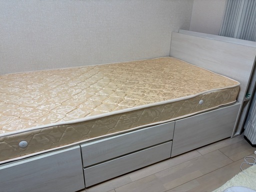 シングルベッド　白　収納付き　マットレスセット