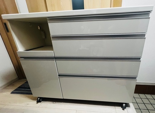 パモウナ食器棚ホワイト収納キャビネット キャスター付き 4引き出し