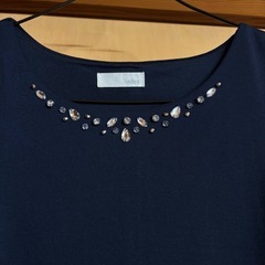 index ワンピース ネイビー 半袖 ビジュー装飾 ストレッチ ミディ丈 Mの画像