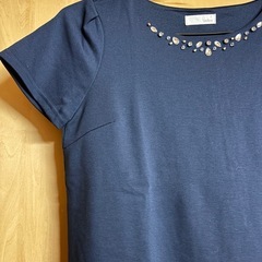 index ワンピース ネイビー 半袖 ビジュー装飾 ストレッチ ミディ丈 Mの画像