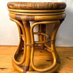 【B424】昭和レトロ　アンティーク　回転式　ラタン　スツール　椅子　腰掛けの画像