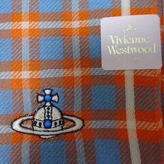 ( E-37 )Vivienne Westwood ヴィヴィアン・ウエストウッド チェック柄 オレンジ×ブルー オーブ刺繍 ハンカチーフ 未使用 長期保管品の画像