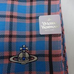 ( E-38 )Vivienne Westwood ヴィヴィアン・ウエストウッド チェック柄 ブルー×ピンク オーブ刺繍 ハンカチーフ 未使用 長期保管品の画像