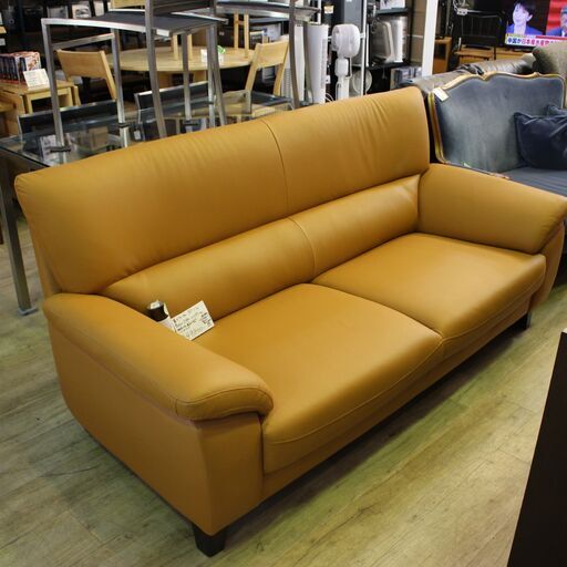 【川崎市宮前区リサイクルオフ】富士ファニチャー　レザー3Pソファ　キャメル系
