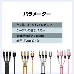 スマホ 充電ケーブル Type-C 3ポート 1.5ｍ 急速 同時充電 Android iPhone 高耐久 断線しにくい 過充電防止 スマートフォン アンドロイド タブレット 電子タバコの画像