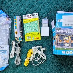 不用品一式　キャンプ用品　ガスバーナー　BBQグリル　ソーラーLEDライト　DC5V ACアダプタ　USBケーブル　モジュラーケーブル　ミニカー　靴カバー　投資関連書籍の画像