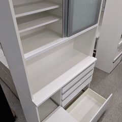 【鏡面仕上げ】キッチンボード 松田家具 ダイニングボード レンジボード 食器棚 カップボード スライド扉 2ヵ所ソフトクロース モイス加工付き 高さ205cm 幅117cm：ホワイトの画像