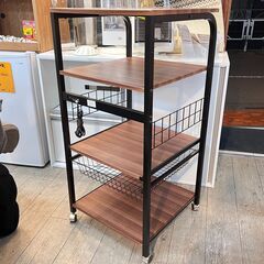 コンセント2口付き レンジ台 4段+バスケット付き スライド棚 キャスター ブラウン×ブラック 横幅55.5cm 奥行55.5cm 高さ115cm スチール キッチンラック スチームオーブン/大型レンジ対応 クロノス★買取帝国 志木店の画像