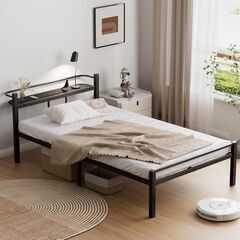 ベッドフレーム シングルベッドフレームのみ 宮棚 2口コンセント USB&Type-C パイプベッド 耐荷重300kg 頑丈 静音 耐久性 通気性 湿気対策 組立簡単 床下収納高さ31cm ブラックの画像
