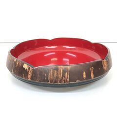 ss7886　桜皮細工 梅鉢 8寸 おまけ付 菓子鉢 直径24cm 朱塗 菓子皿 菓子器 菓子入れ 大皿 丸皿 木製 和食器 菓子鉢 未使用品の画像