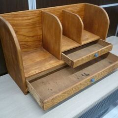 昭和レトロ 木製 ブックスタンド 幅59.2cm ナチュラル 引出し付き ブックラック 本立て 書類棚 本棚 レトロ アンティーク 苫小牧西店の画像