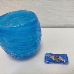 琉球ガラス 海王星 ネプチューン グラス 箸置きセット 吹きガラス 気泡模様 青系 ガラス工芸 沖縄ガラス インテリア 食卓雑貨　251120-5Aの画像