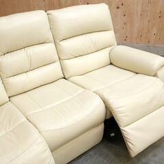 ≪zyt2587ジ≫ ニトリ 3人掛け電動リクライニングソファ BELIEVER3/ビリーバー3 アイボリー レザー 本革＋合成皮革 中古家具/宮城県仙台市 071113-05の画像