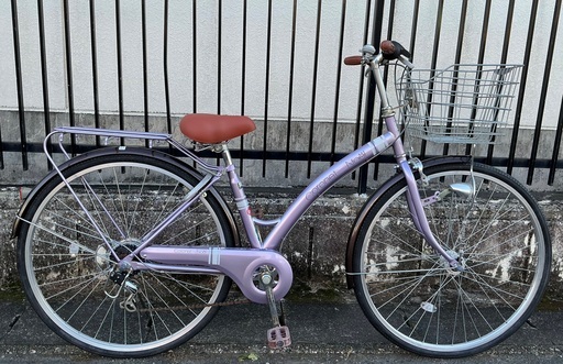 ＜ピカピカ超美品車＞コロネット・ノエル・27インチ自転車・前後タイヤ/サドル新品交換済・外装6段変速 LEDオートライト・パープル 鍵付・パンク無料修理券付