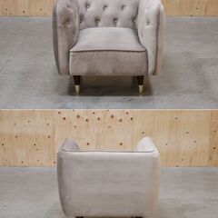 ≪zyt2591ジ限≫ ベルベット調１人掛けソファ グレー 現状品 ①　　LOWYA/ロウヤ/ラウンジチェア/おしゃれ/かわいい/姫系/ラグジュアリー/ボタンダウン/中古家具/宮城県仙台市 071119-04の画像