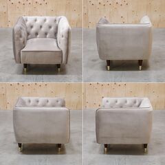 ≪zyt2592ジ限≫ ベルベット調１人掛けソファ グレー 現状品 ②　　LOWYA/ロウヤ/ラウンジチェア/おしゃれ/かわいい/姫系/ラグジュアリー/ボタンダウン/中古家具/宮城県仙台市 071119-05の画像