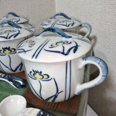 未使用　美濃焼　多用途　茶碗蒸し等、スプーン、コースター付　5客　まるほんとーきの画像